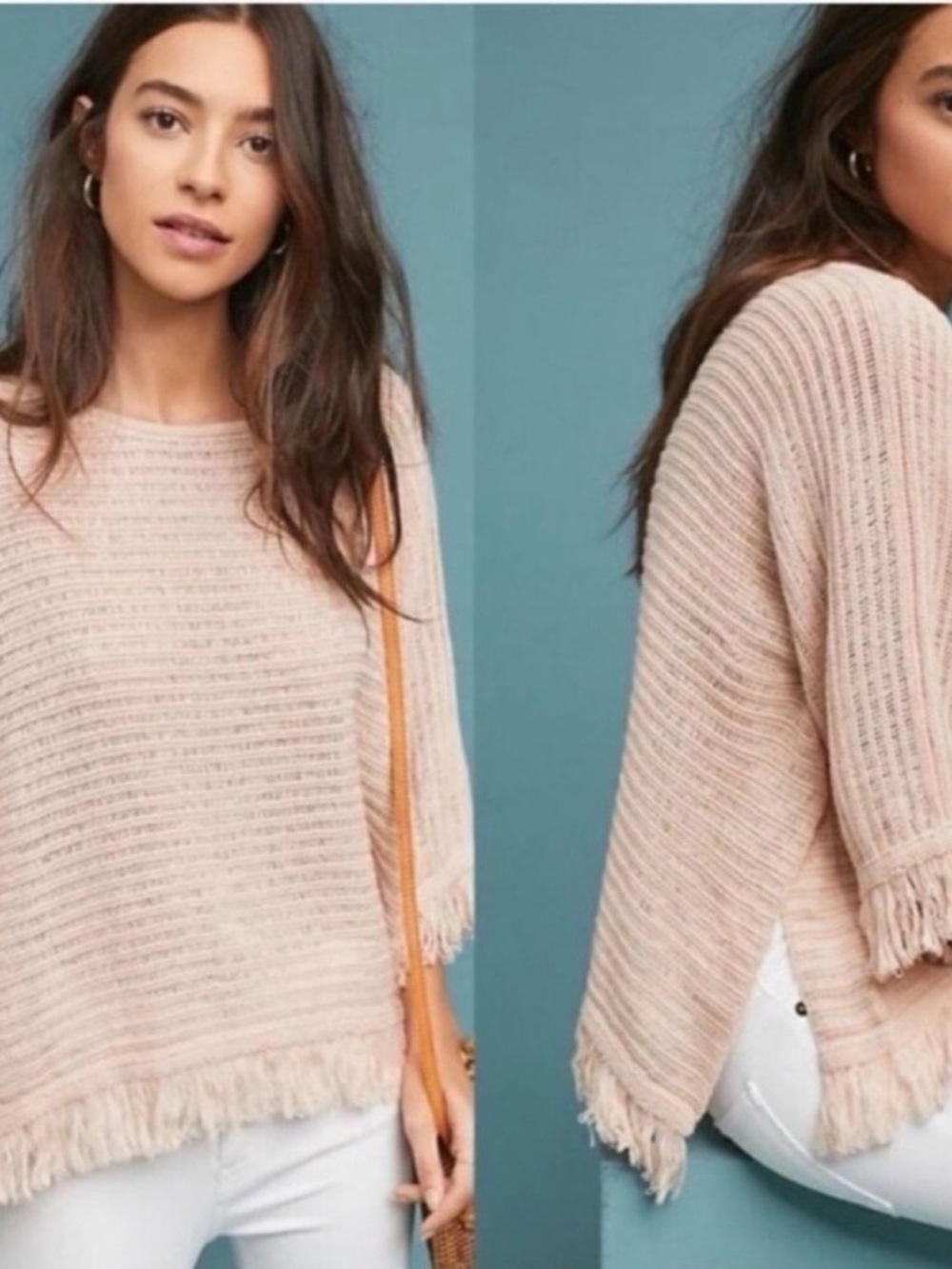 Relaxed Blush Off-the-Shoulder Fringe Knit Sweater